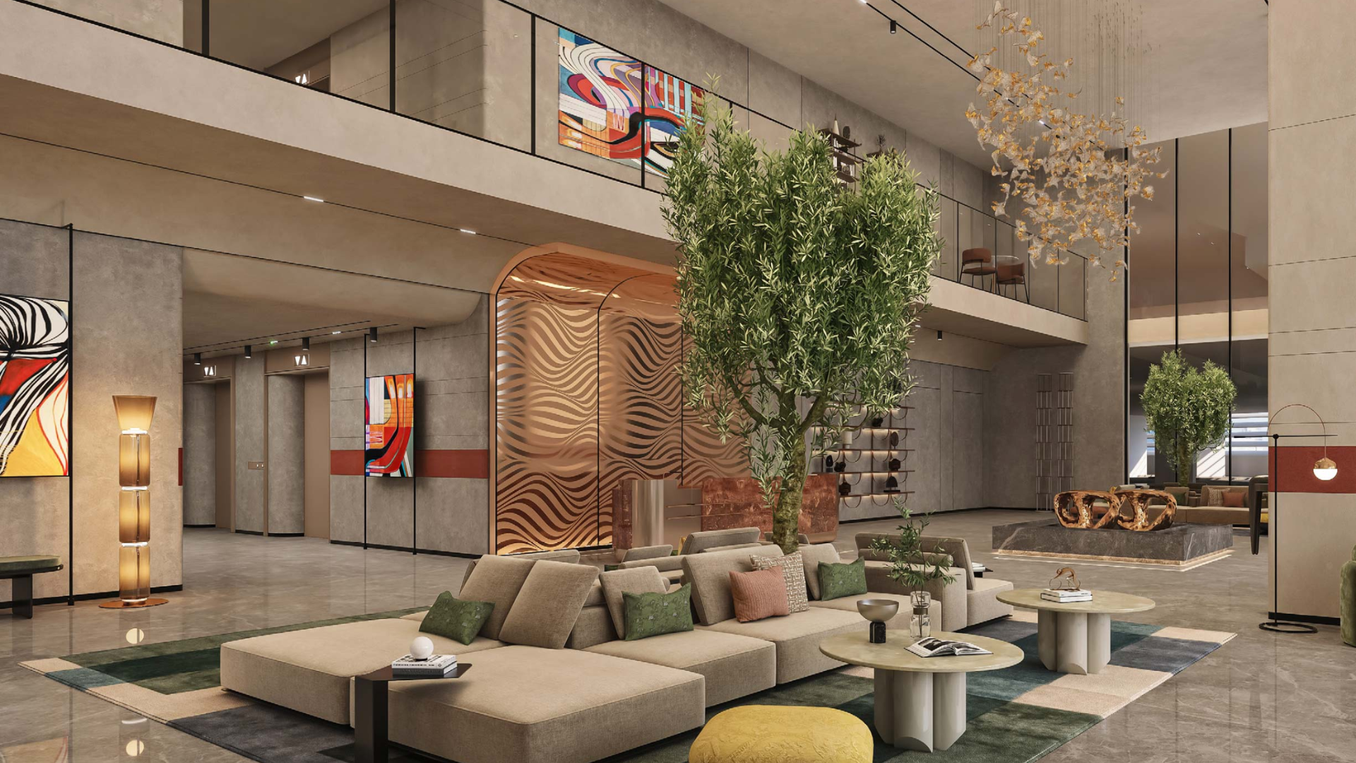 Welcoming residential entrance lobby with lounge-style waiting area