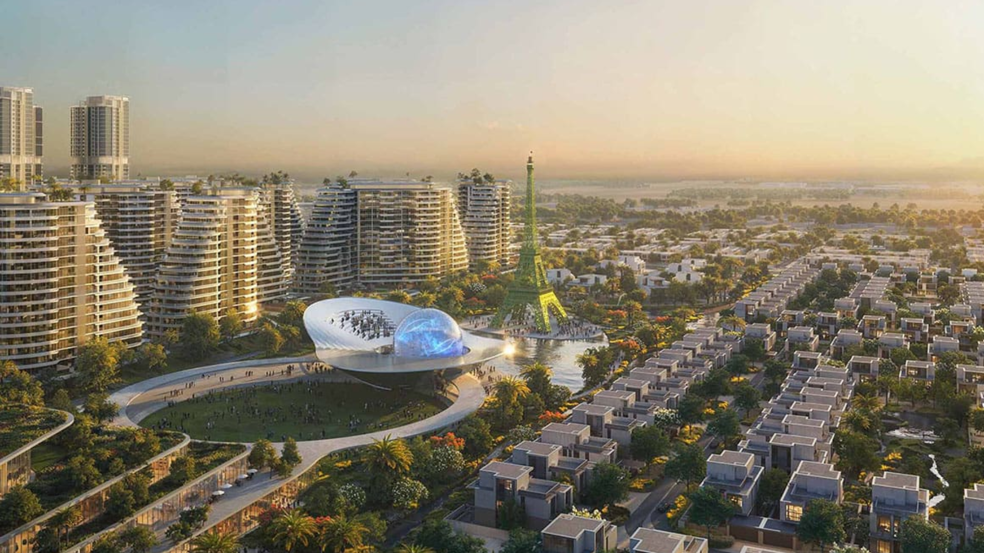 view of modern villas, tall buildings, and a tower that looks like the Eiffel Tower