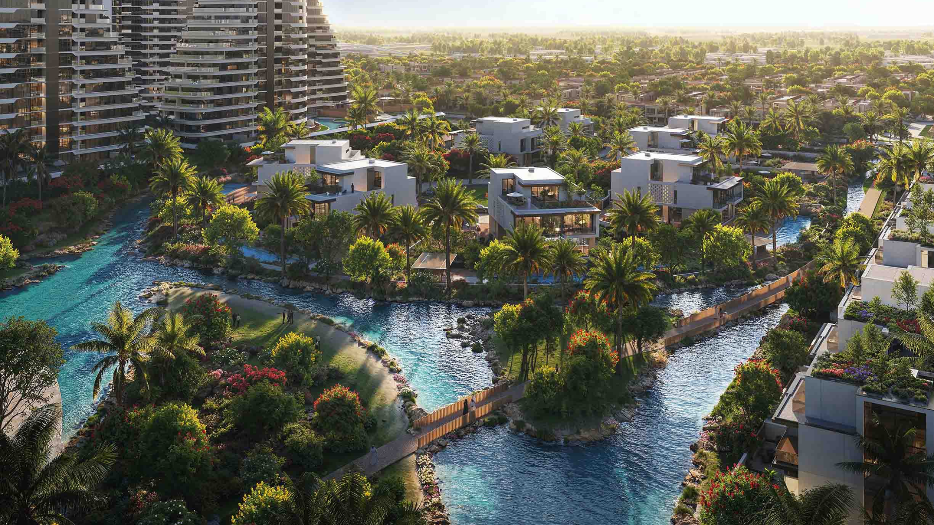 Modern villa exterior with large windows and landscaped front yard