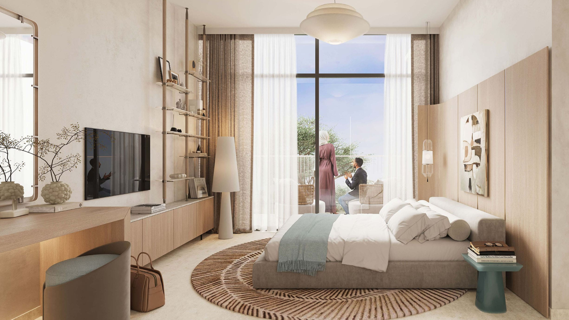Modern master bedroom with natural tones, large windows, and balcony seating