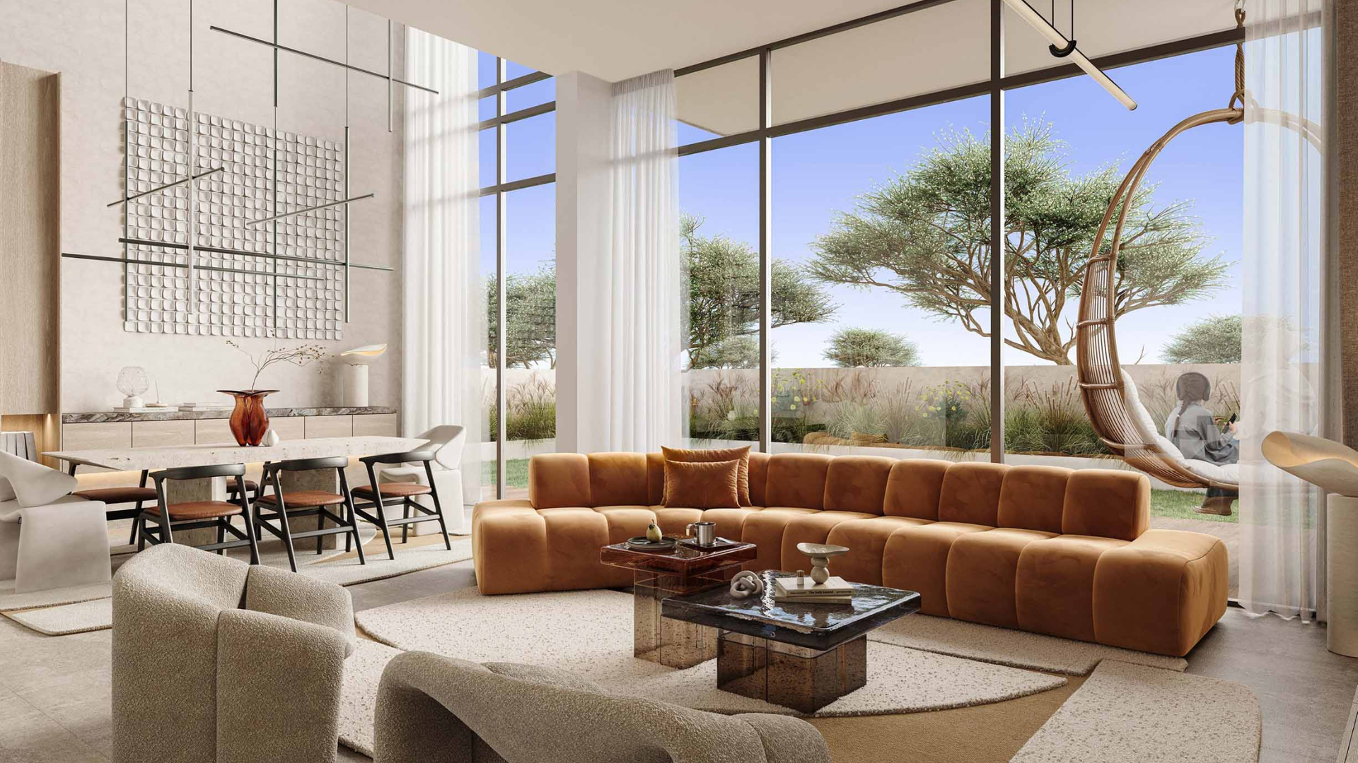 Spacious living and dining area with floor-to-ceiling windows, garden view, and hanging chair