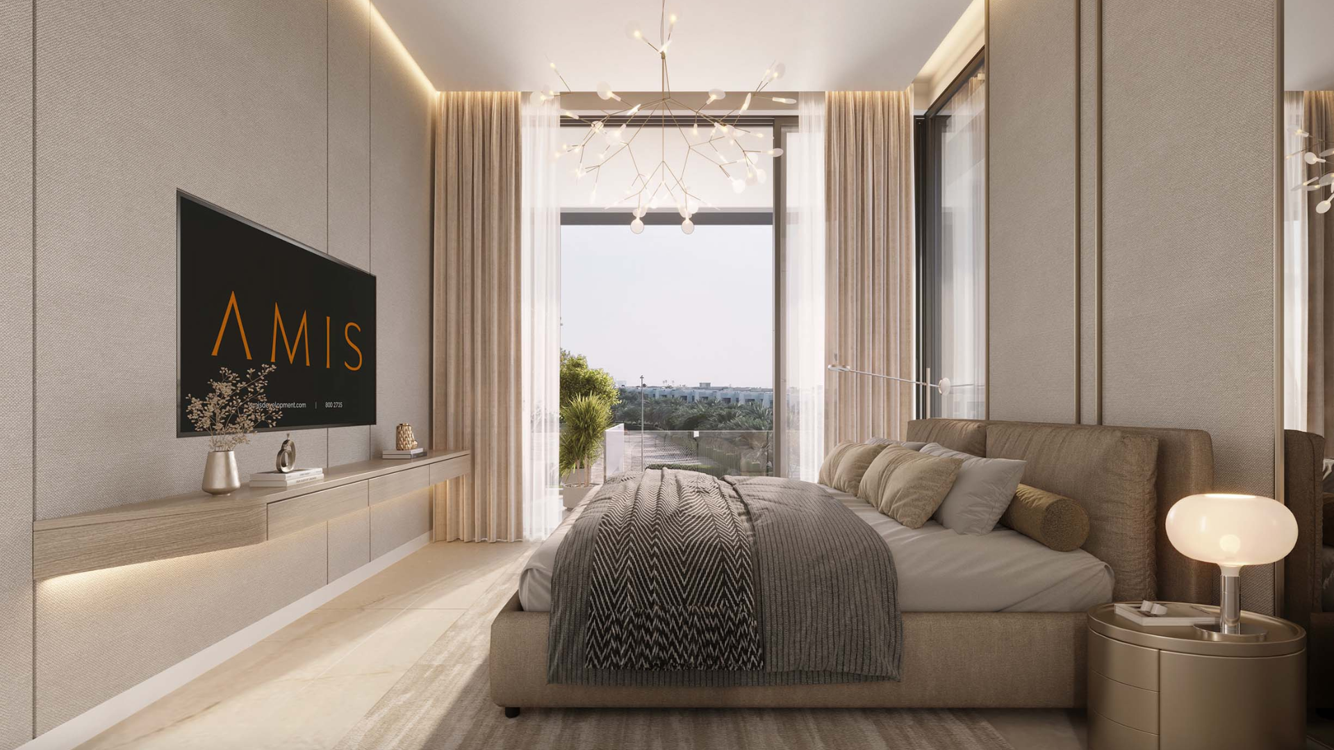 Elegant bedroom at Woodland Crest with neutral interiors and large window