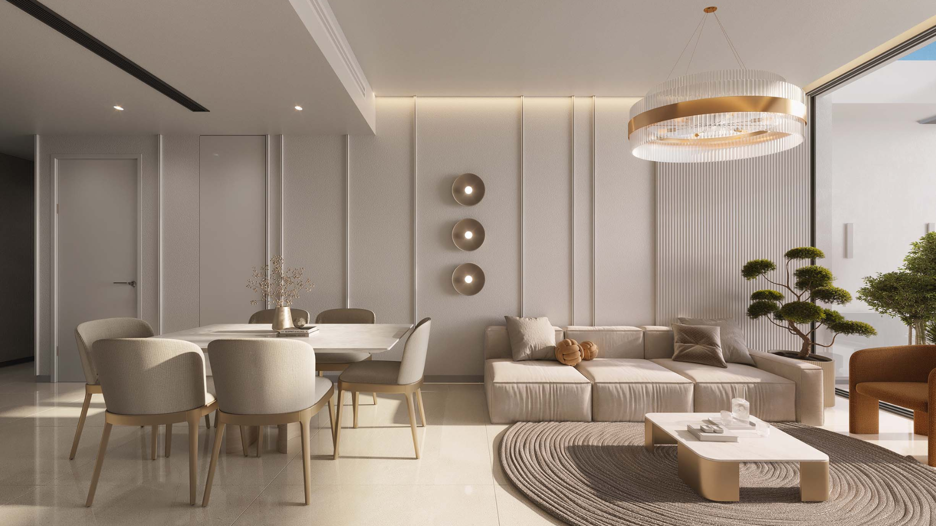 Minimalist living and dining space with soft lighting and neutral décor