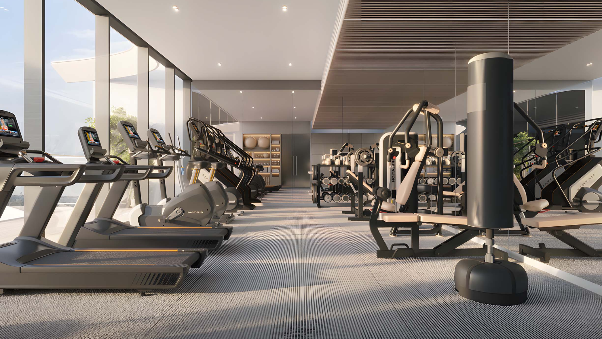 Modern indoor gym with cardio machines and strength training equipment
