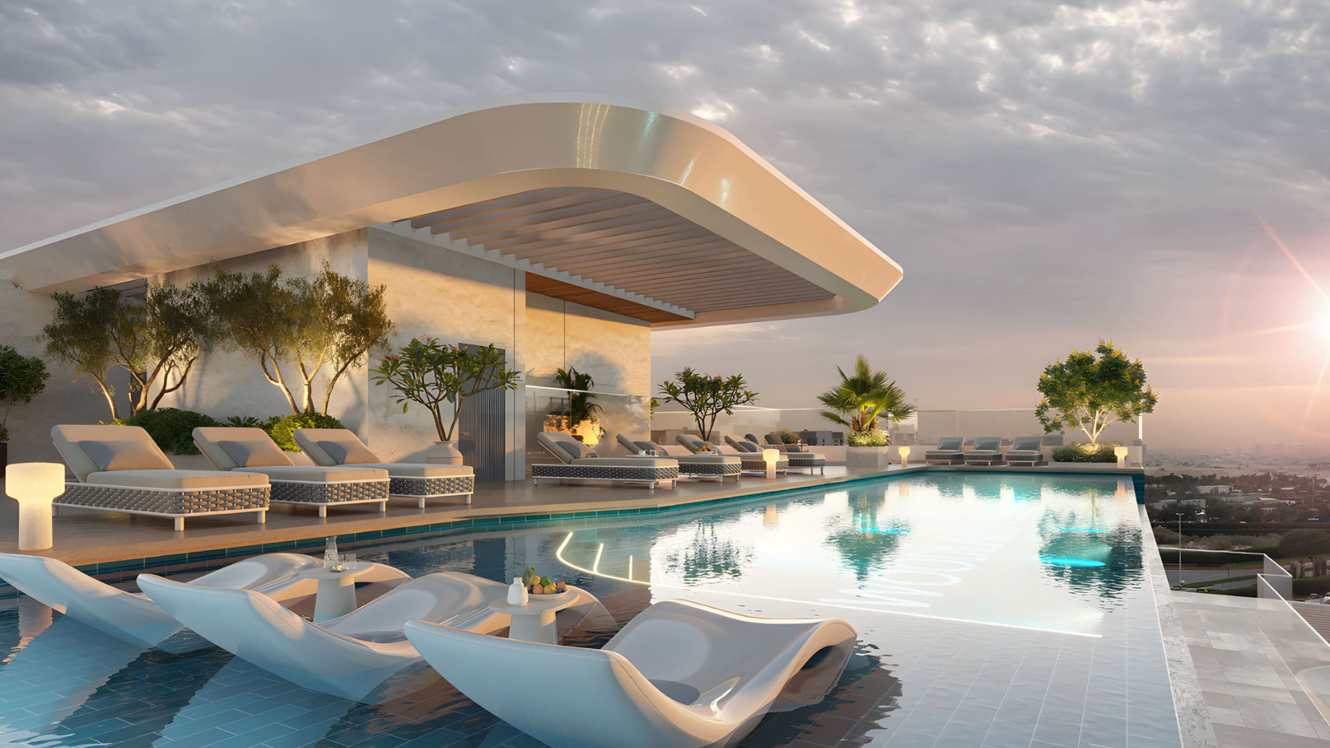 Infinity pool at Woodland Crest with sunset backdrop