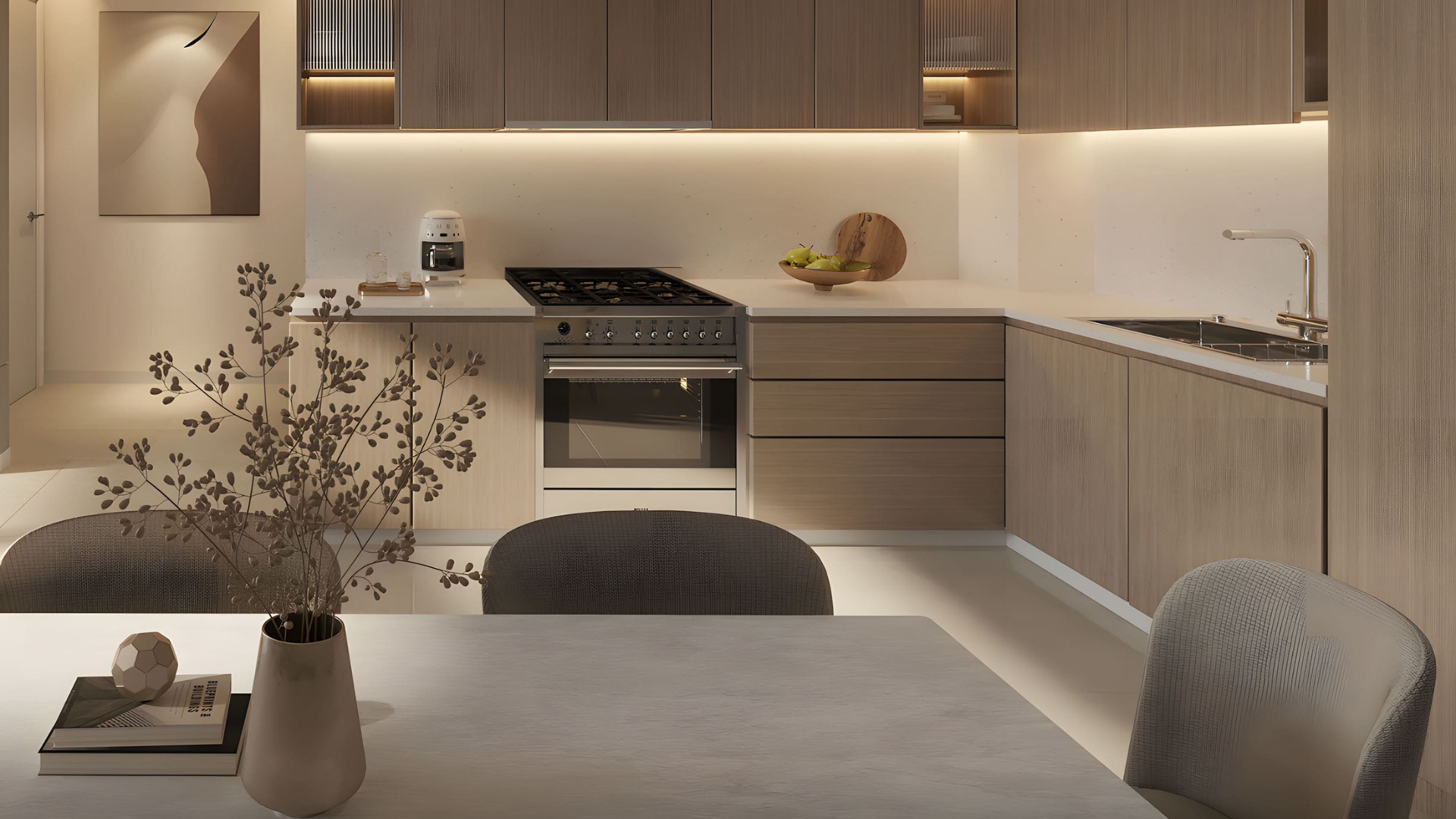 Stylish open kitchen with marble finishes and modern appliances