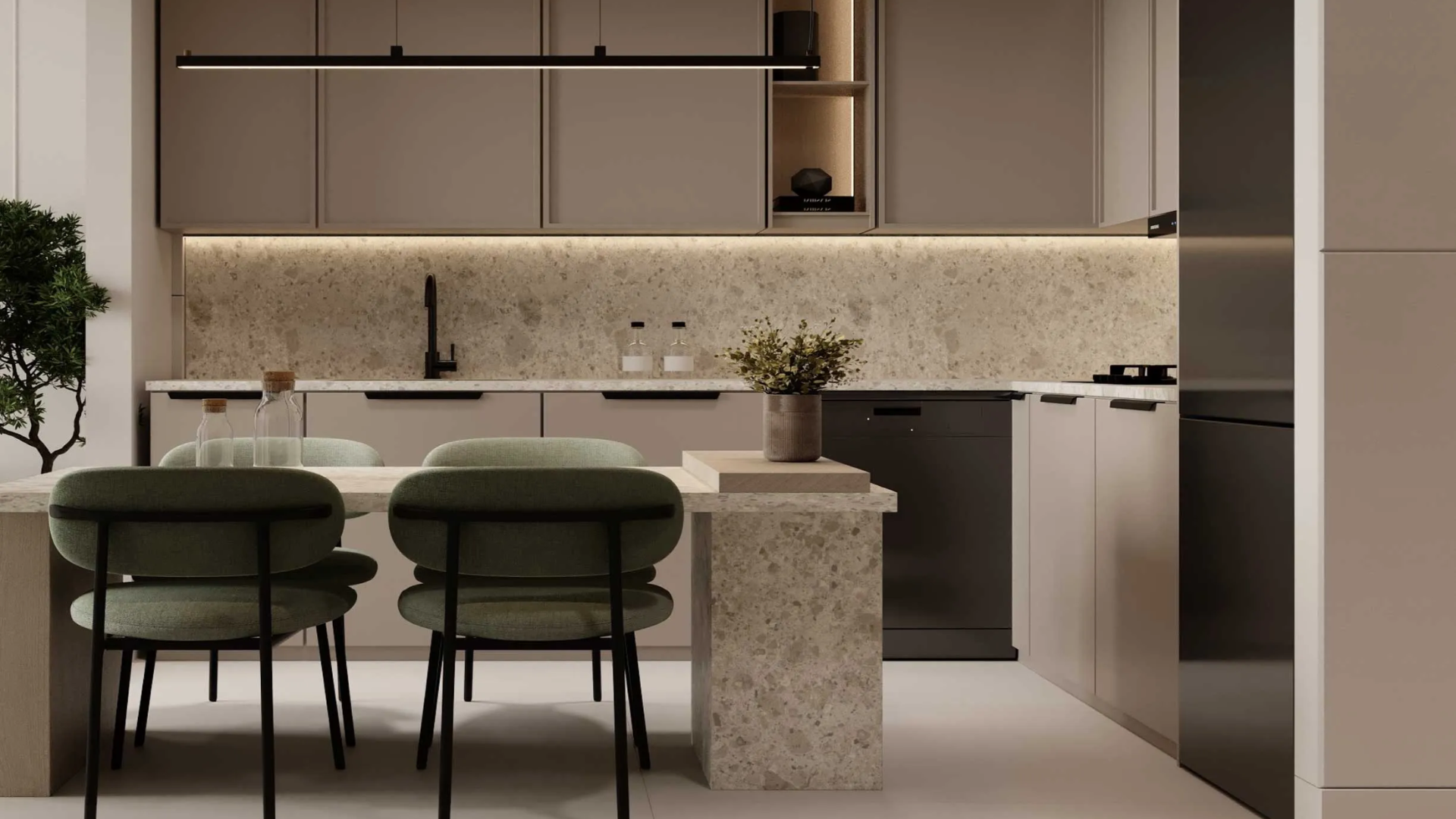 Modern open-plan kitchen with built-in appliances and sleek cabinetry