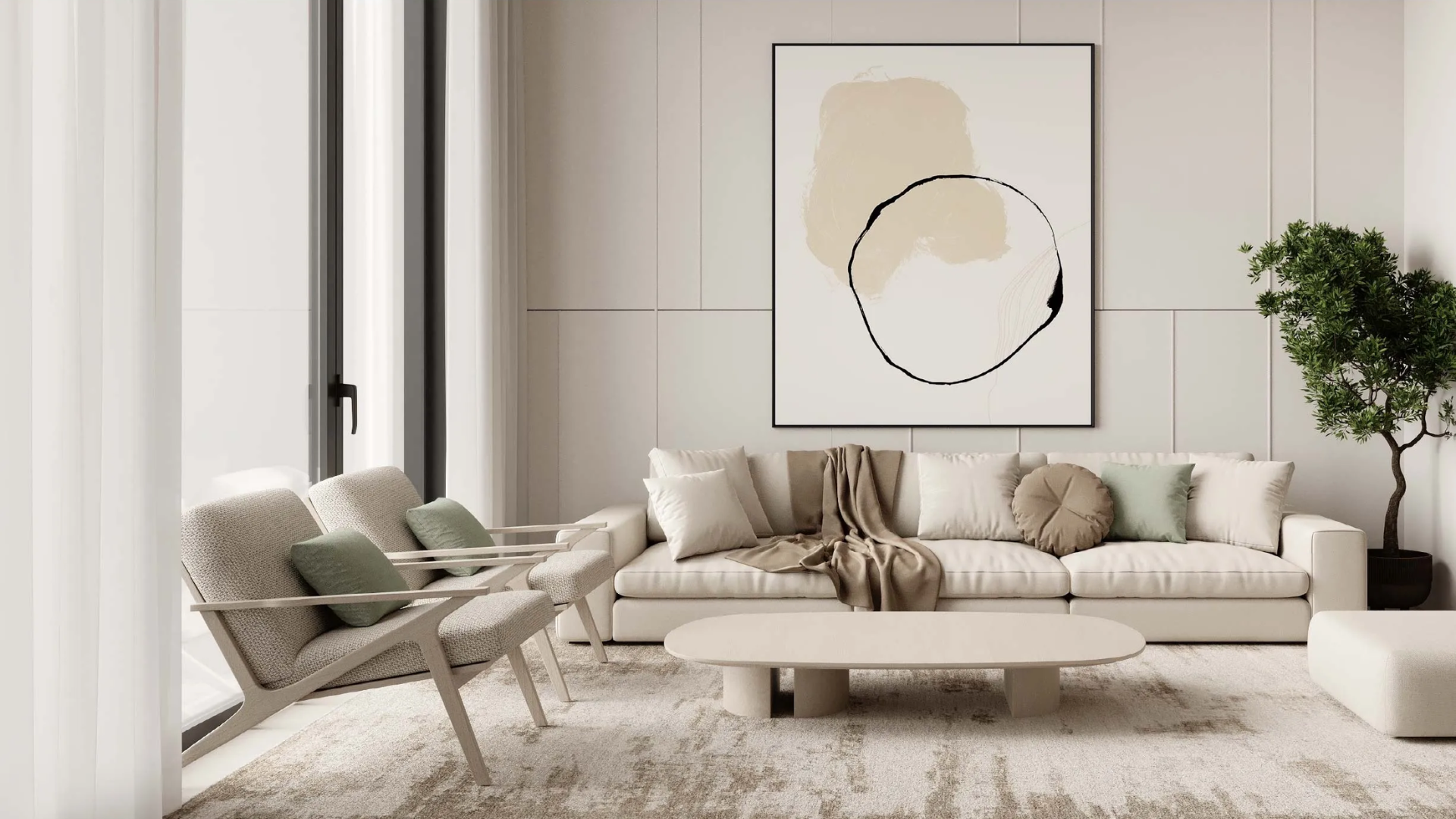 Spacious living room with stylish sofa and contemporary decor