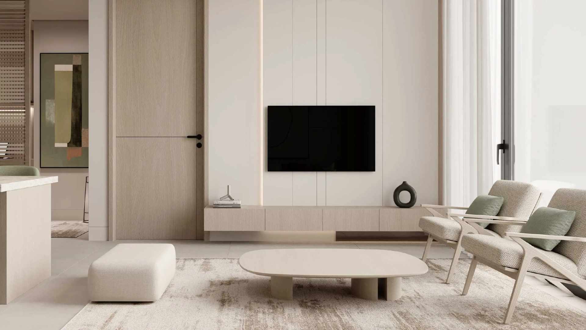 Bright and spacious room with modern furnishings and natural light