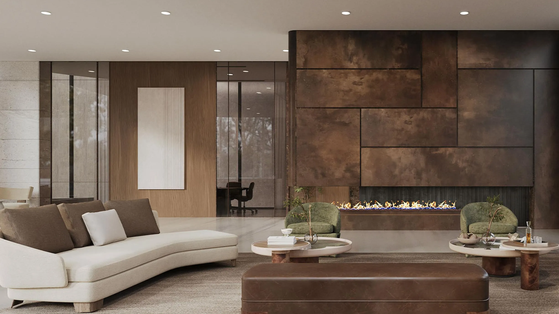 A contemporary lounge or lobby area with a large, curved sofa, a striking textured wall with a built-in fireplace, and a view into a modern office space.