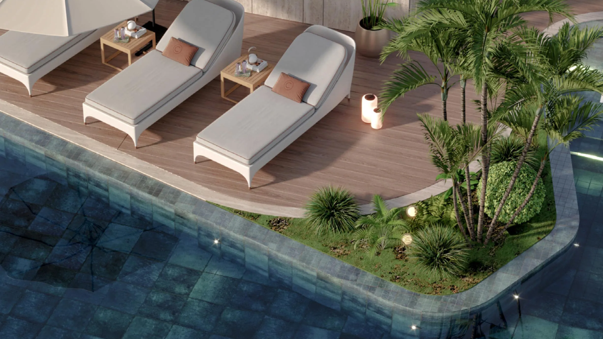 Poolside sun loungers with wooden deck and tropical landscaping beside a modern swimming pool