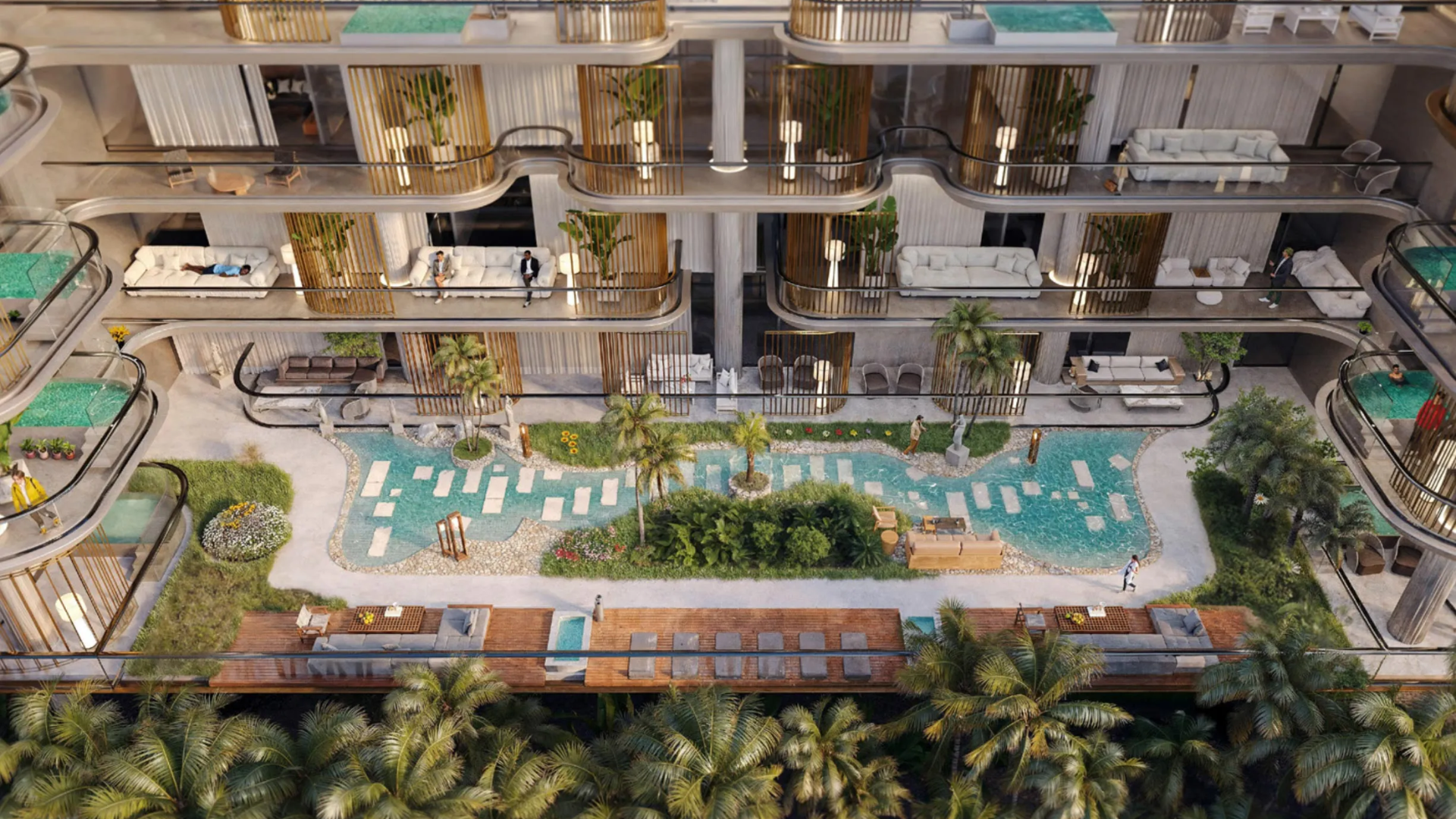 Aerial view of Belmont Park courtyard featuring swimming pools, palm trees, sunbeds, and stylish outdoor seating areas .