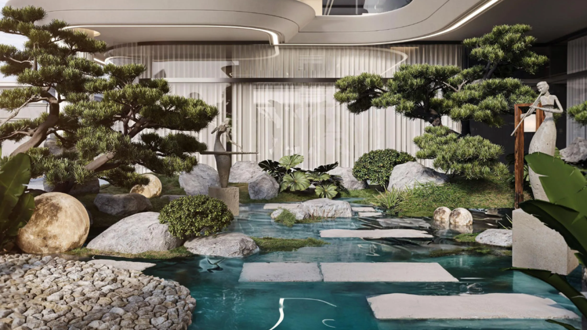 Zen-inspired garden with stepping stones over water, bonsai-style trees, decorative rocks, and artistic sculptures
