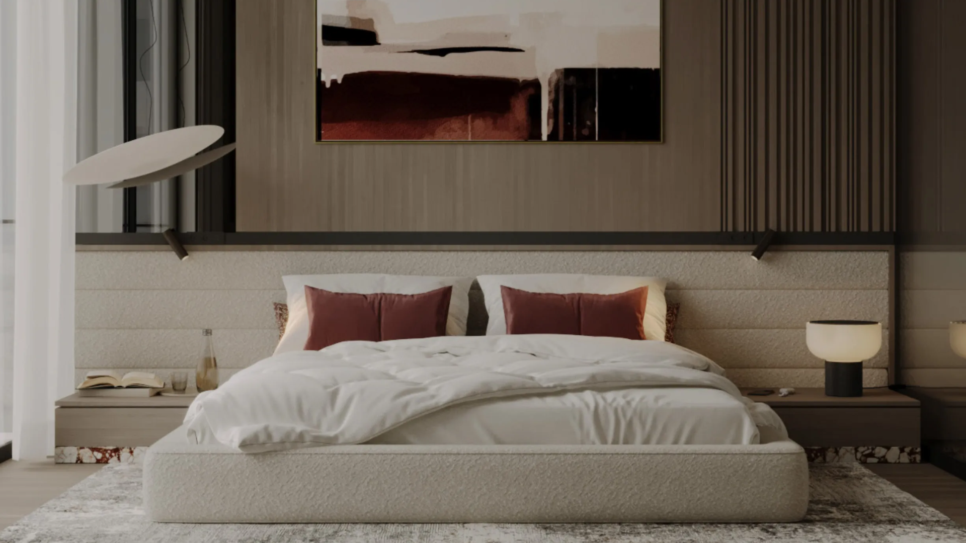 A luxurious master bedroom with sophisticated decor, designed for comfort and tranquility.