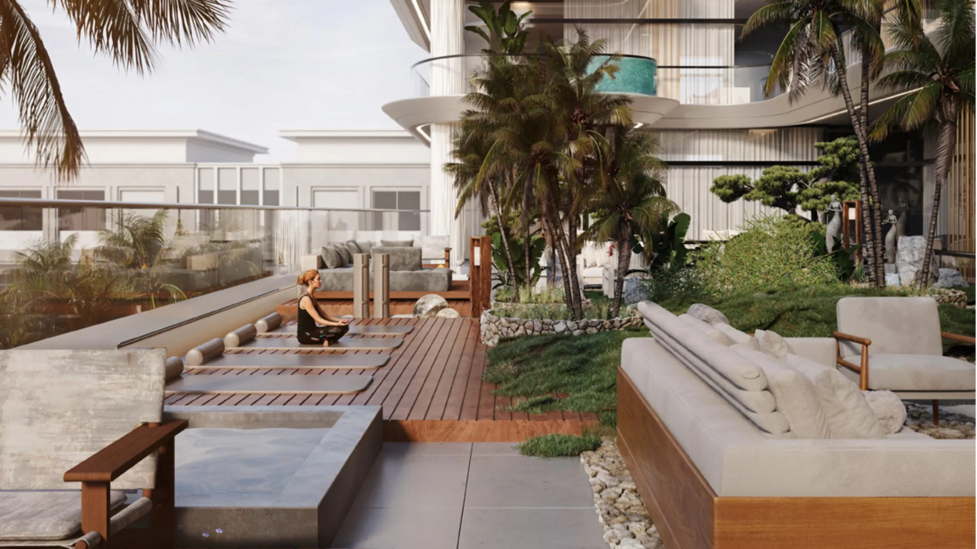 An artistic rendering of a tranquil zen garden, a space for residents to meditate and relax .