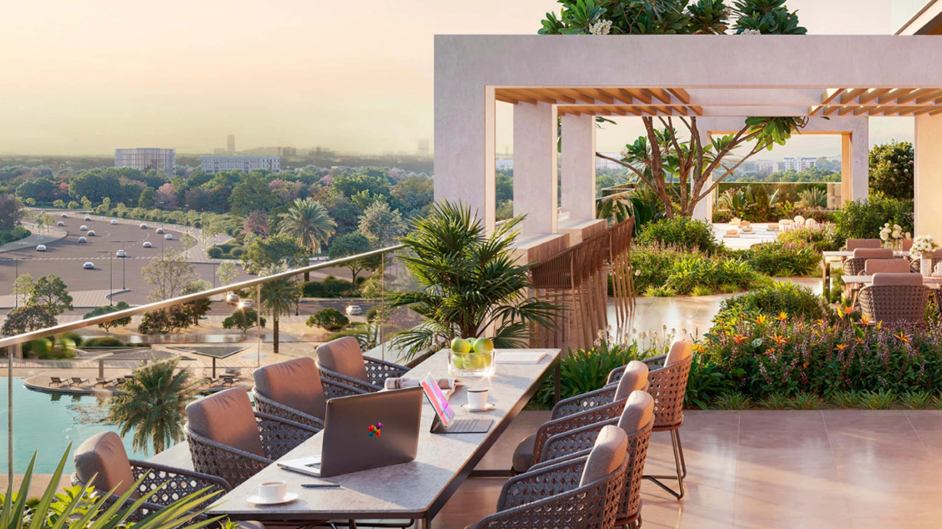 private balcony with outdoor furniture, overlooking the crystal lagoon and community park