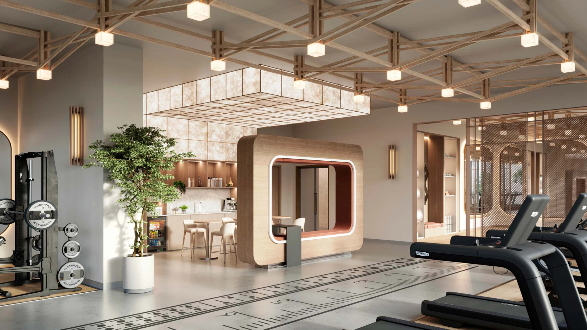 state-of-the-art gymnasium with modern equipment and floor-to-ceiling windows