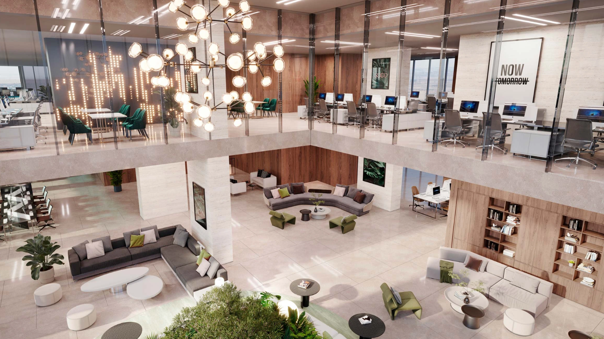 Modern office lobby with a two-story design, plush seating, and stylish lighting