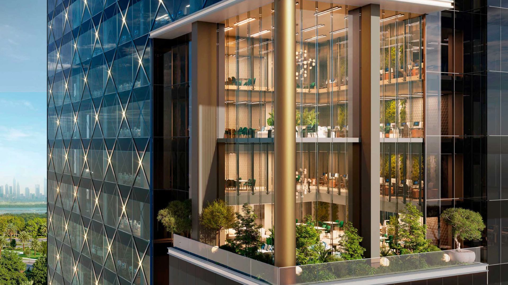 Modern building exterior with tiered glass balconies filled with plants and trees