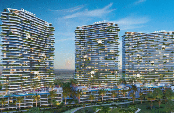 Modern facade of Golf Greens Tower 2 at DAMAC Hills, Dubai