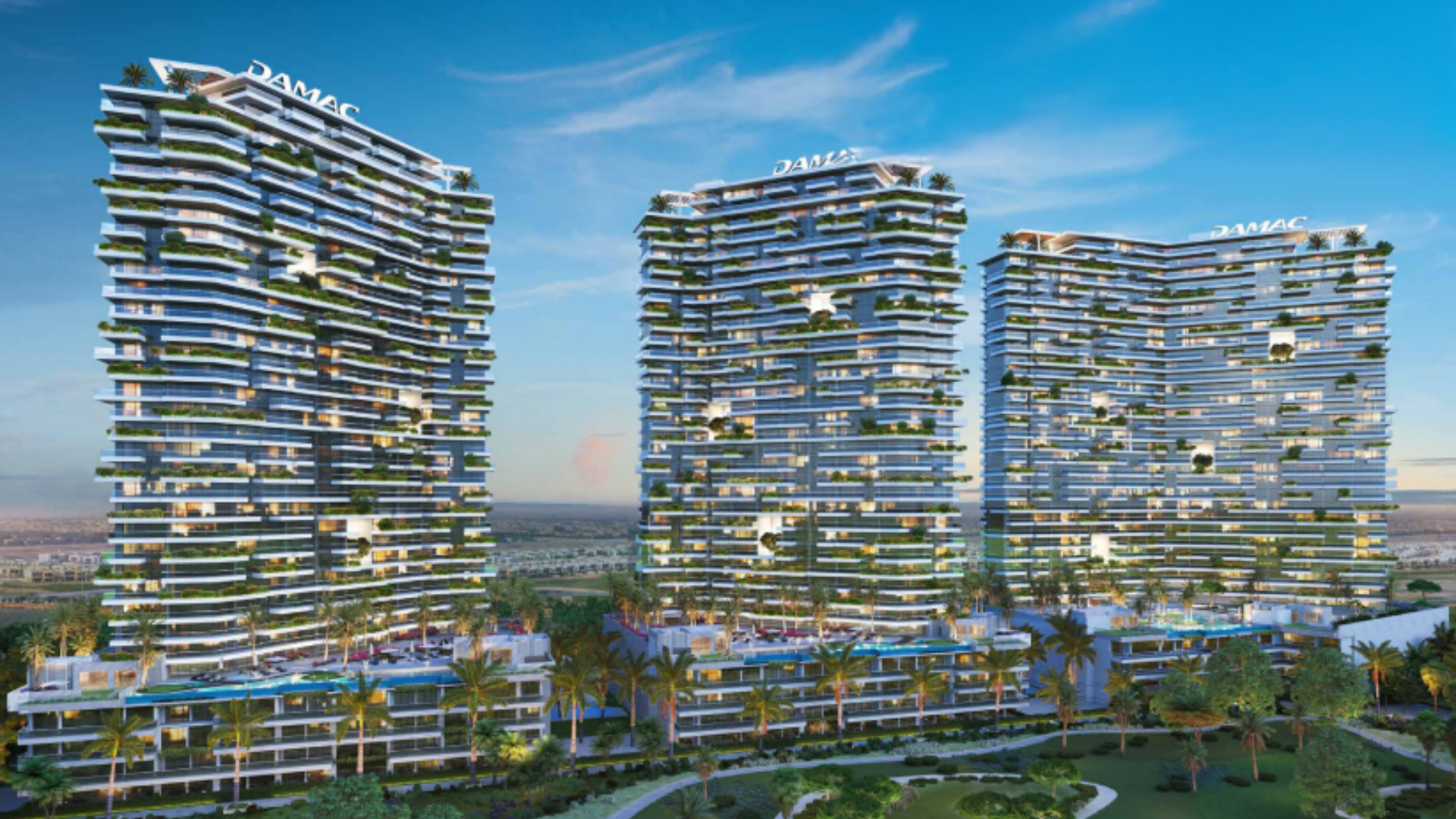 Modern facade of Golf Greens Tower 2 at DAMAC Hills, Dubai