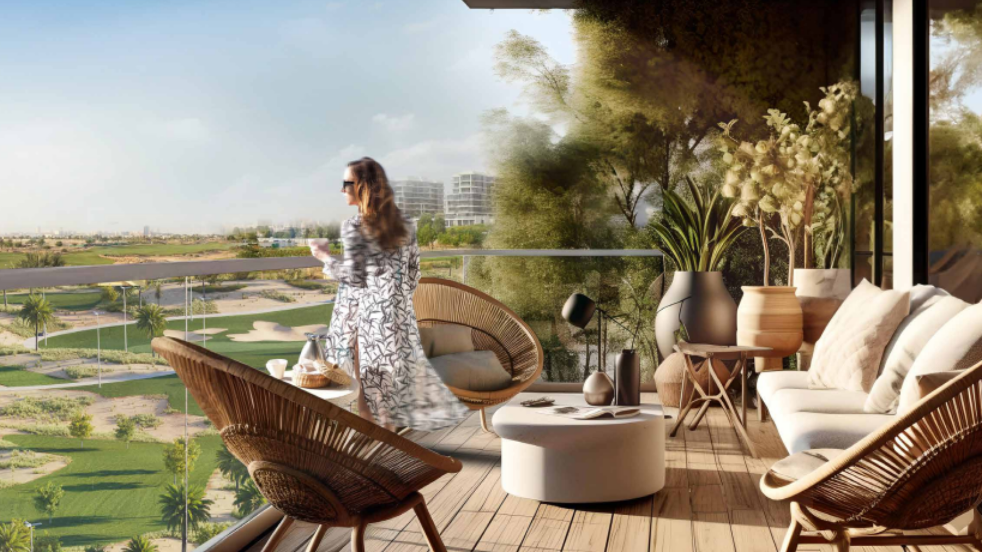 Woman enjoying coffee on a stylish balcony with scenic green landscape views