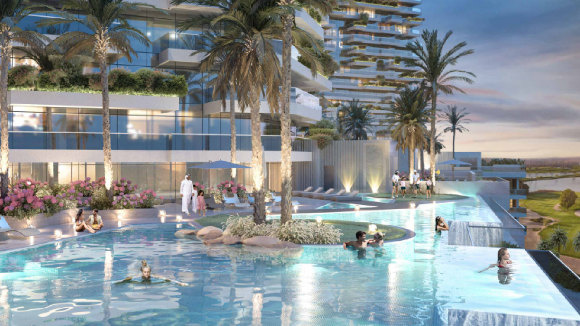 Infinity pool with people relaxing amid palm trees and greenery