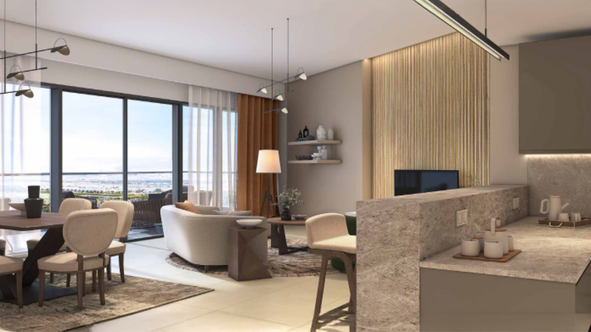 Modern open-plan living and dining area with large windows and scenic views