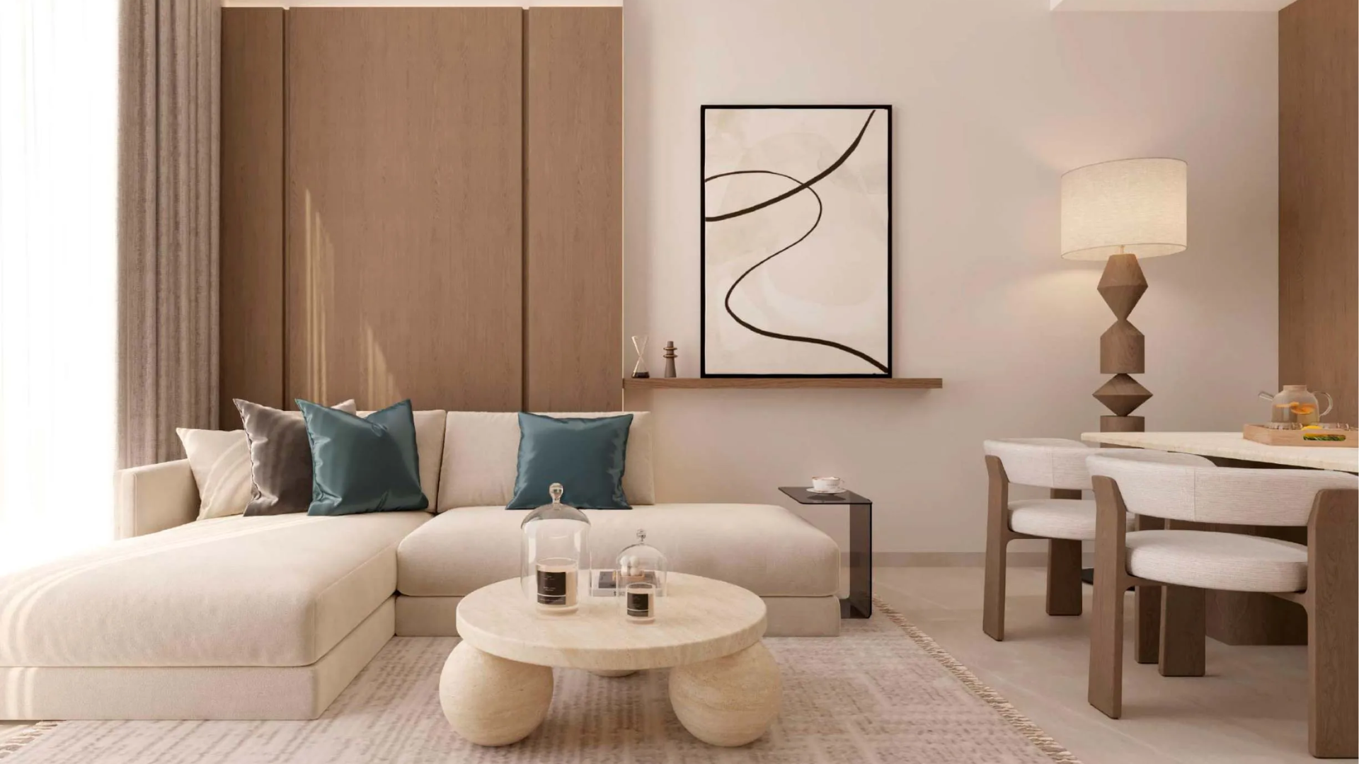 Apartment interior showcasing an open-plan living and dining area with contemporary furniture and artwork