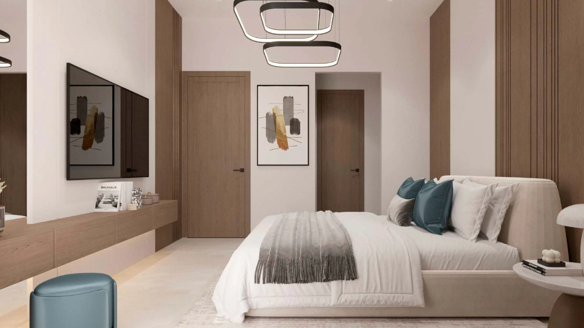 Master bedroom with large windows and a clean, minimalist design