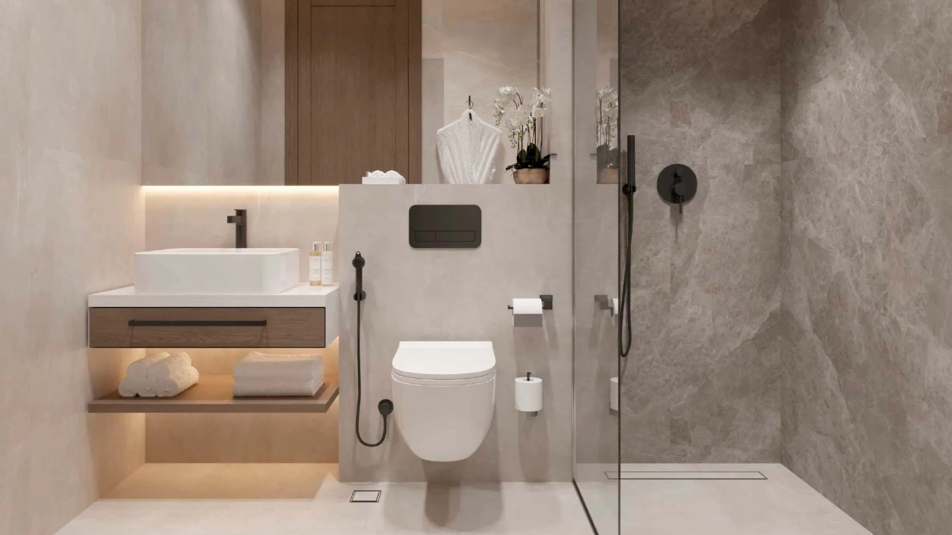 Modern bathroom with a walk-in shower, floating vanity, and black fixtures