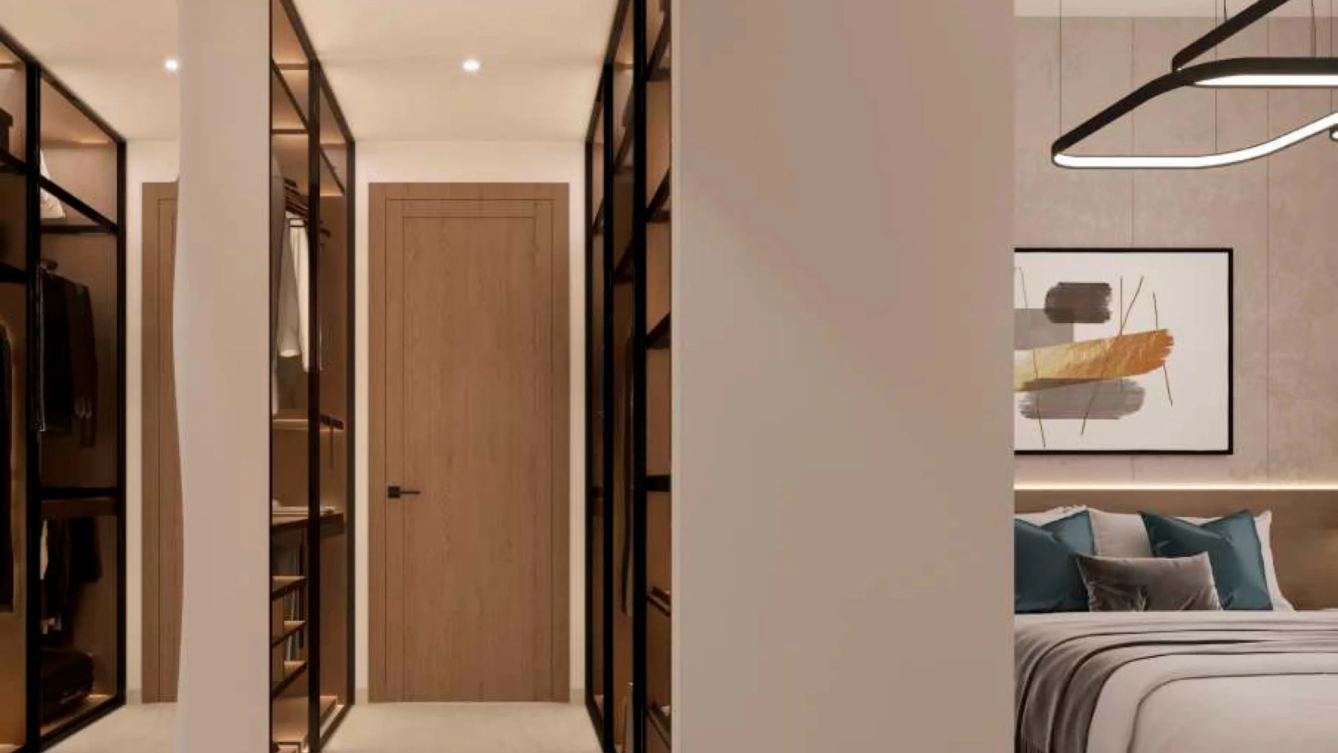 Modern bedroom with closet and stylish artwork