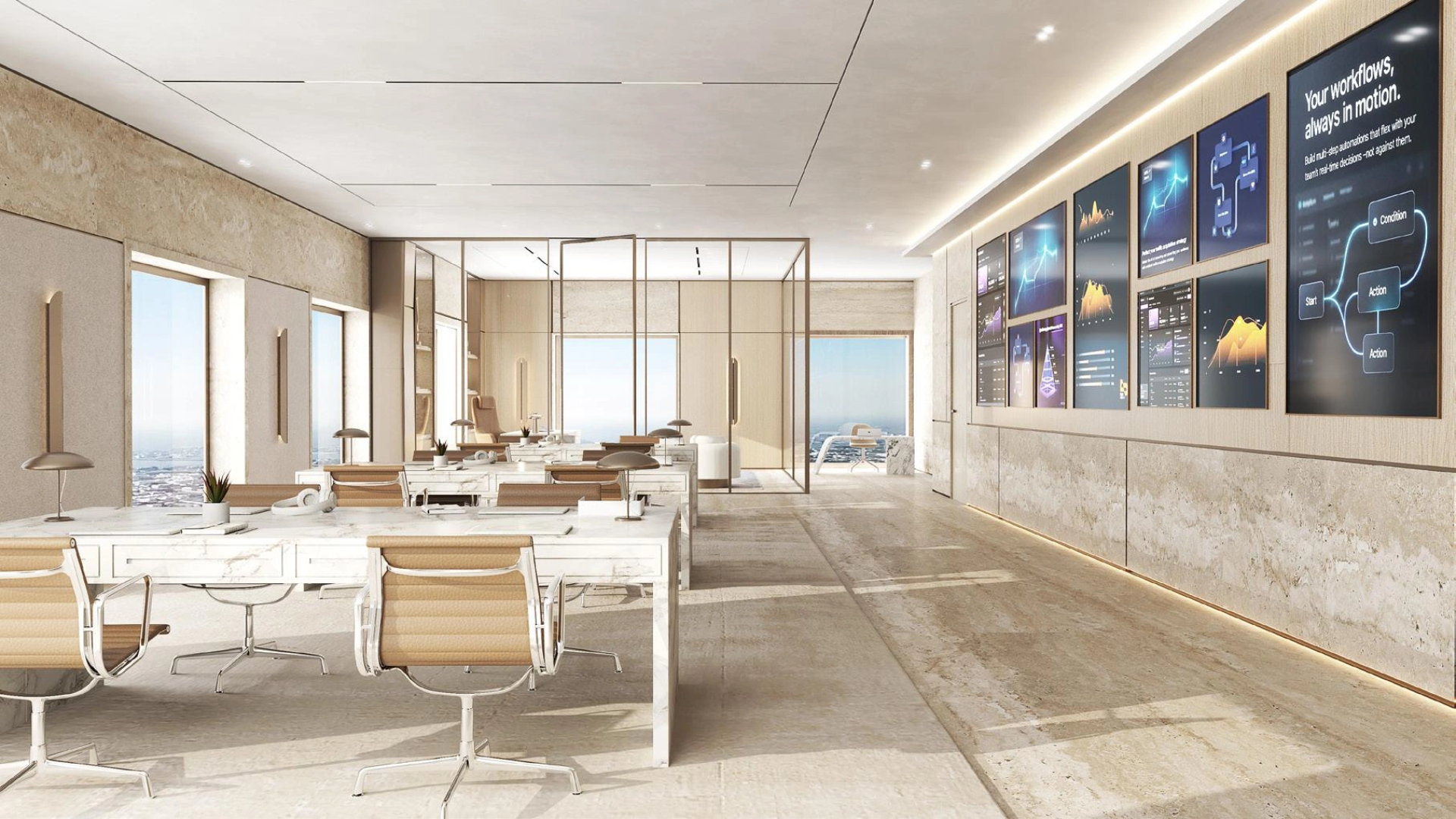 Grand office lobby with a high ceiling, polished marble floors, and a sleek reception desk