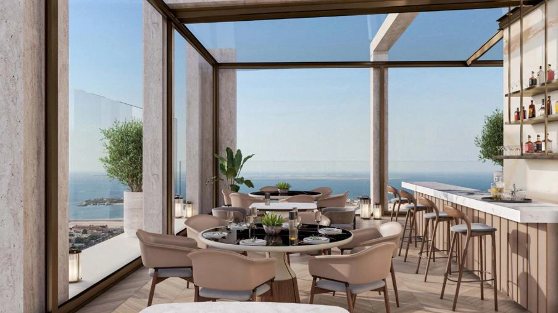 An expansive, unfinished Shell & Core office space with floor-to-ceiling windows and panoramic city views