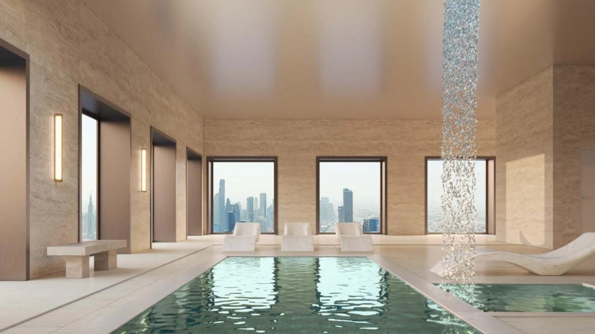 Two-story office lobby and communal workspace with a mezzanine, modern seating, and workstations.