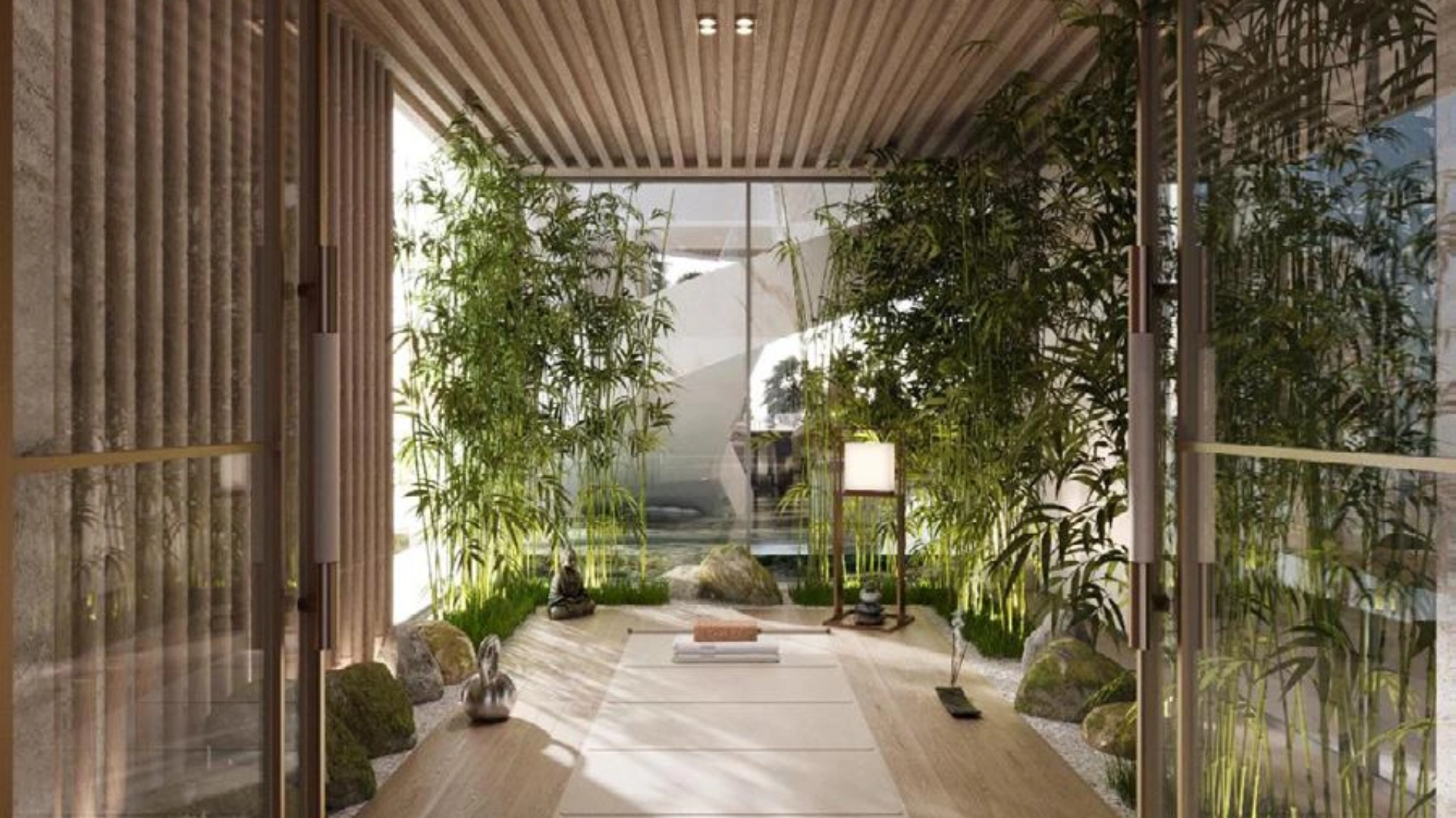 A luxurious and spacious lounge area with abstract art, modern furniture in neutral tones, and a distinctive wavy rug.