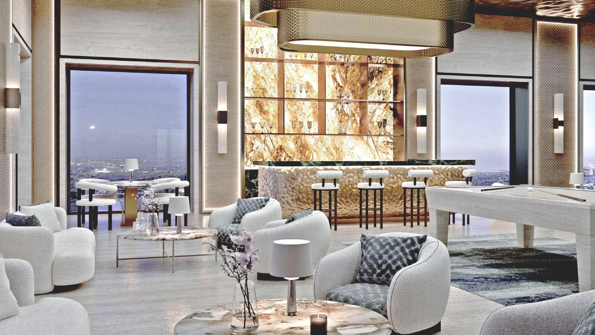 A high-end entertainment lounge featuring a sophisticated bar area, elegant seating, a pool table, and city views.