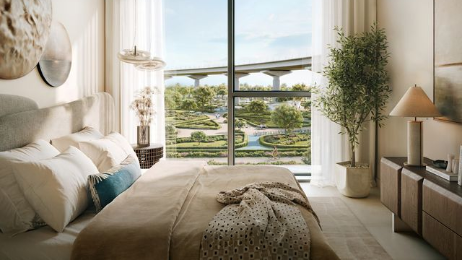 Bright bedroom interior at Montiva by VIDA overlooking landscaped gardens and elevated walkway