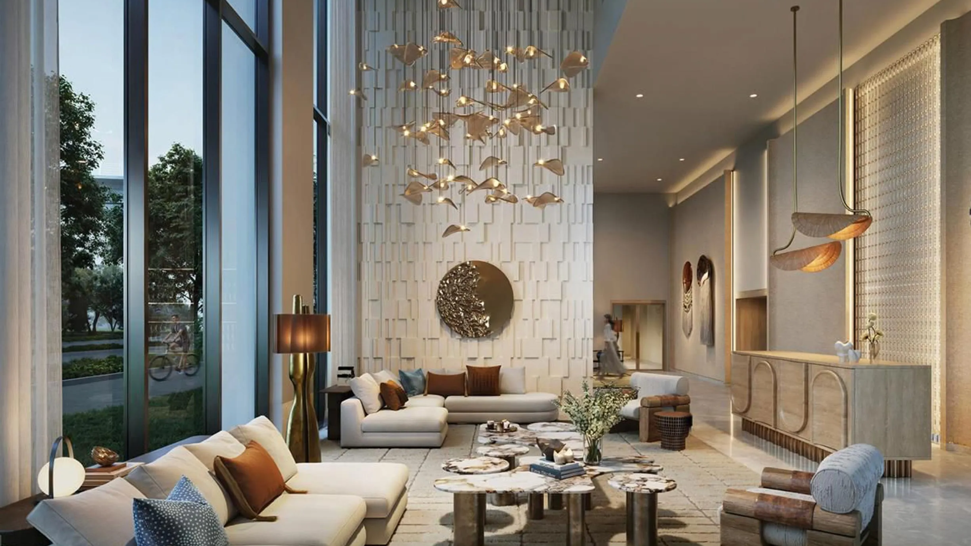 Modern lobby with artistic lighting and large windows in a Dubai residence