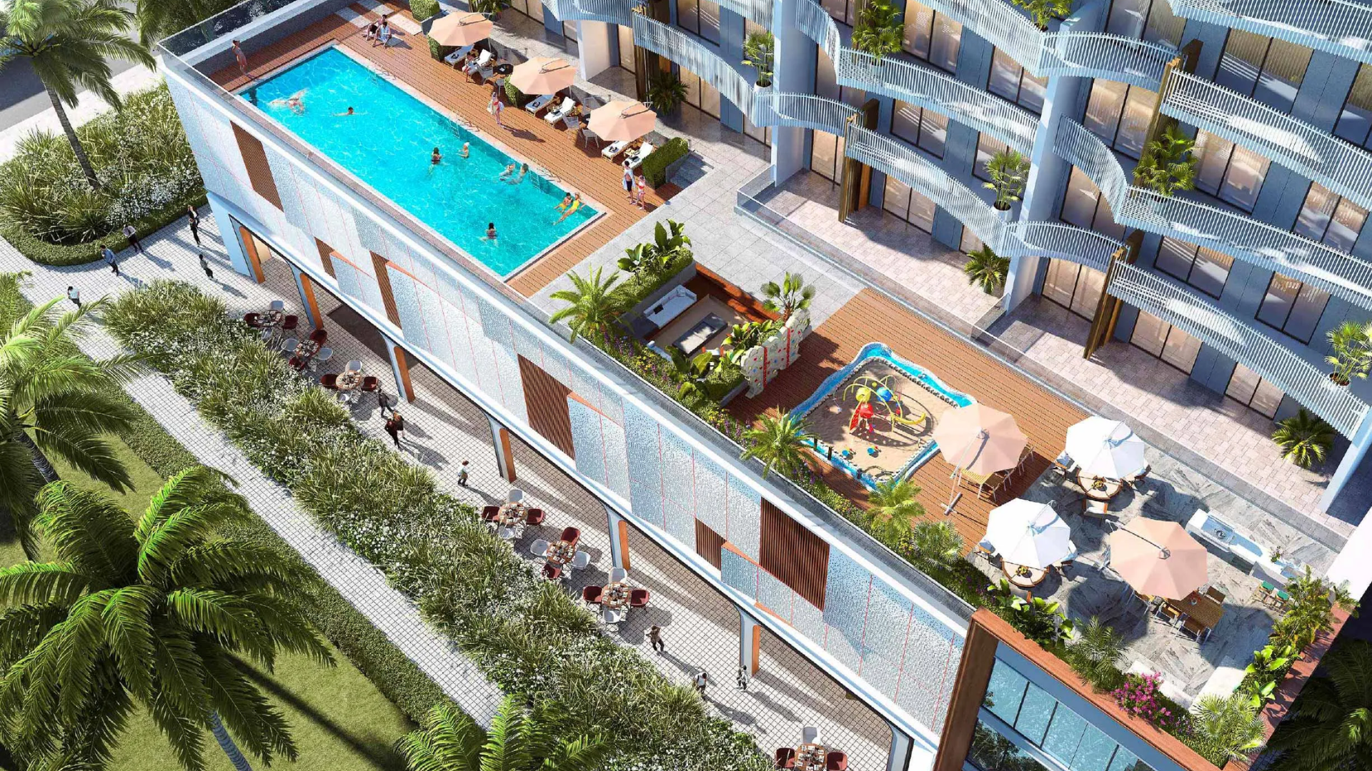 Rooftop pool and lounge with waterfront views .