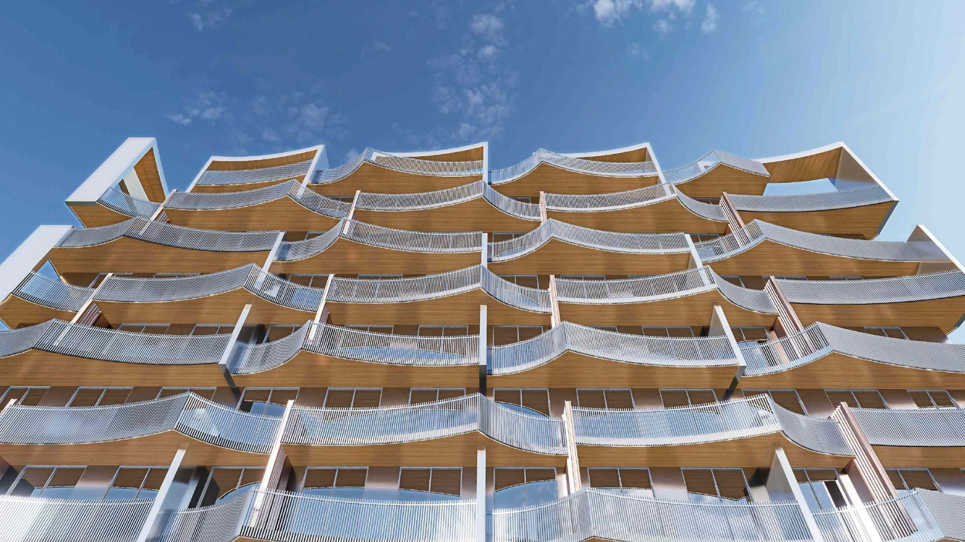 Modern residential building exterior with curved, wave-like balconies and wood-like ceilings.