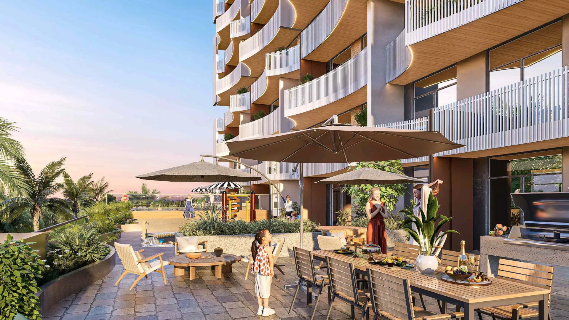 A residential outdoor amenity area with a playground and lush greenery.