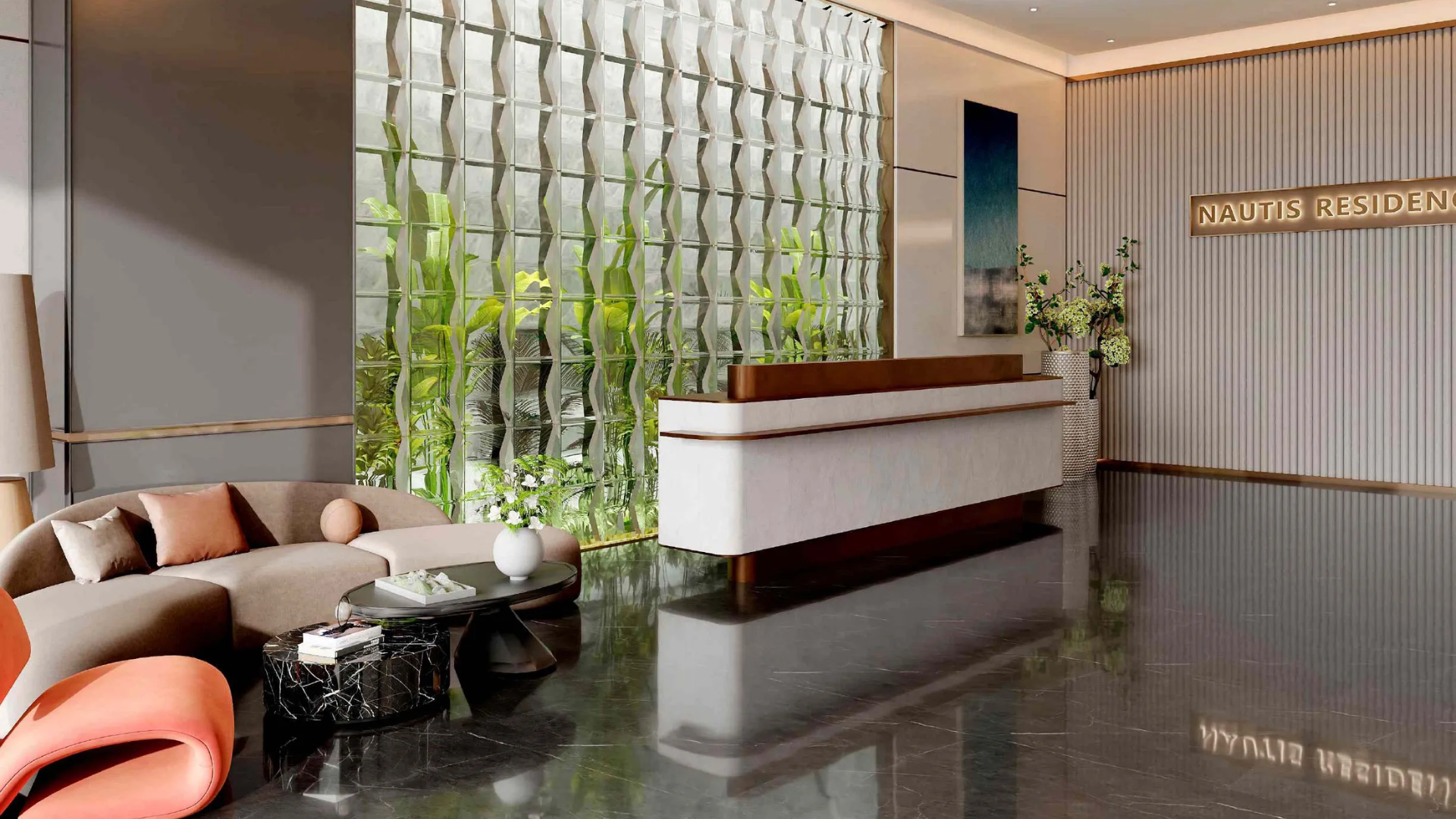 Elegant entrance lobby modern seating and a textured glass wall.