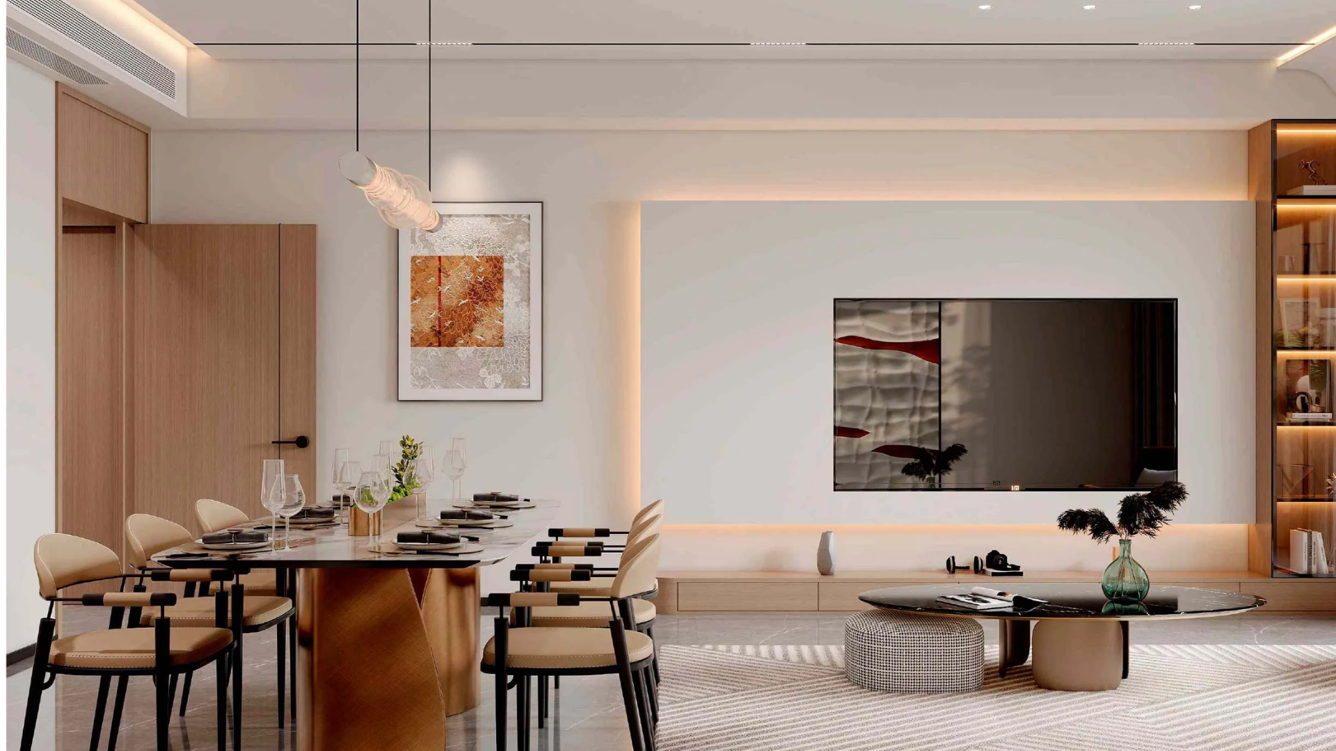 Elegant entrance lobby with a modern reception desk, stylish seating, and a water-like glass wall.