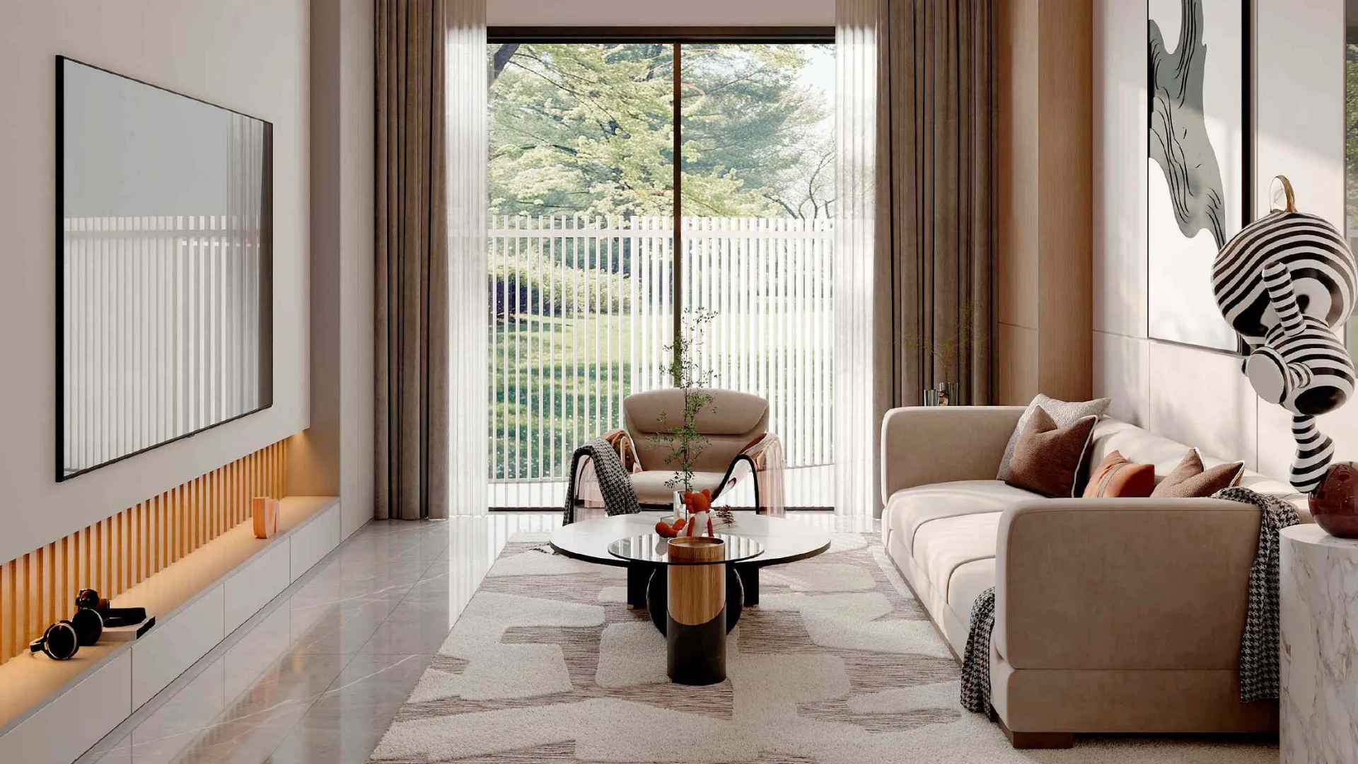 Bright and airy living space with neutral tones and a view of trees.