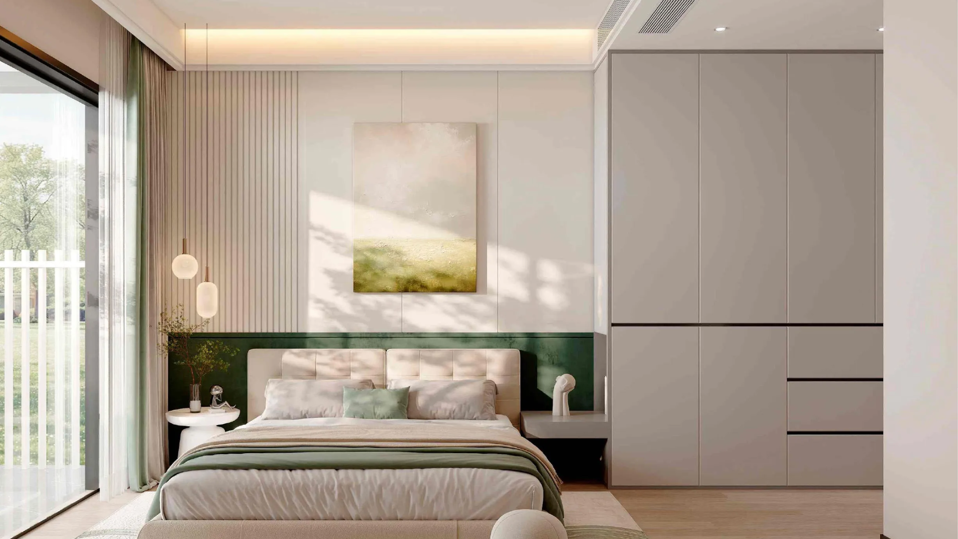 Modern bedroom with a walk-in closet featuring glass-front wardrobes and a stylish light fixture