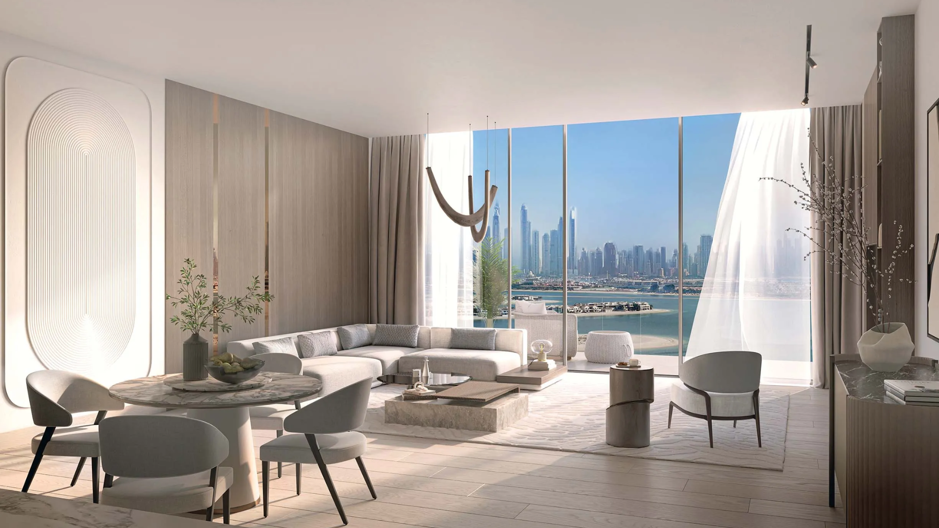 Modern living room with sea and skyline view through large windows