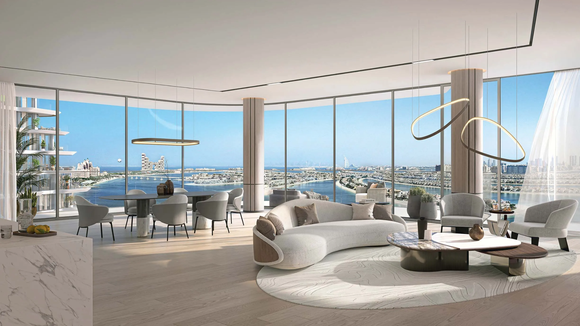 Bright living and dining area with panoramic sea and skyline views