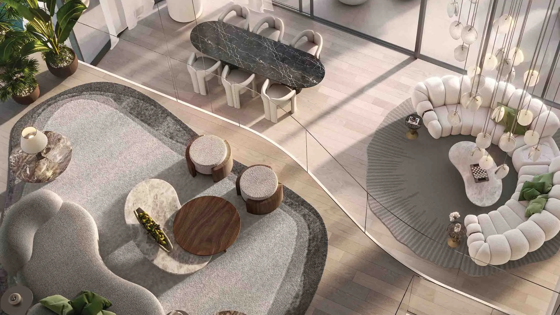 Top view of modern living and dining area with stylish seating