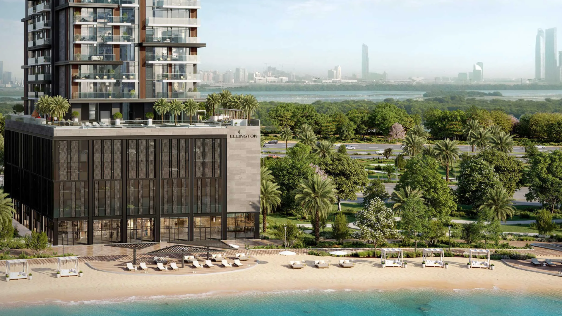 An elegant duplex living space inside Riverton House, featuring a double-height ceiling and contemporary, mindful design.